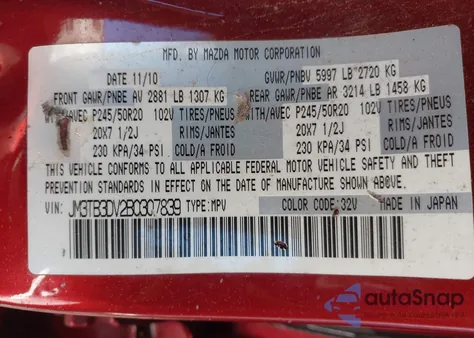 2011 Mazda Cx-9 Grand Touring z USA, uszkodzony, nr VIN JM3TB3DV2B0307839